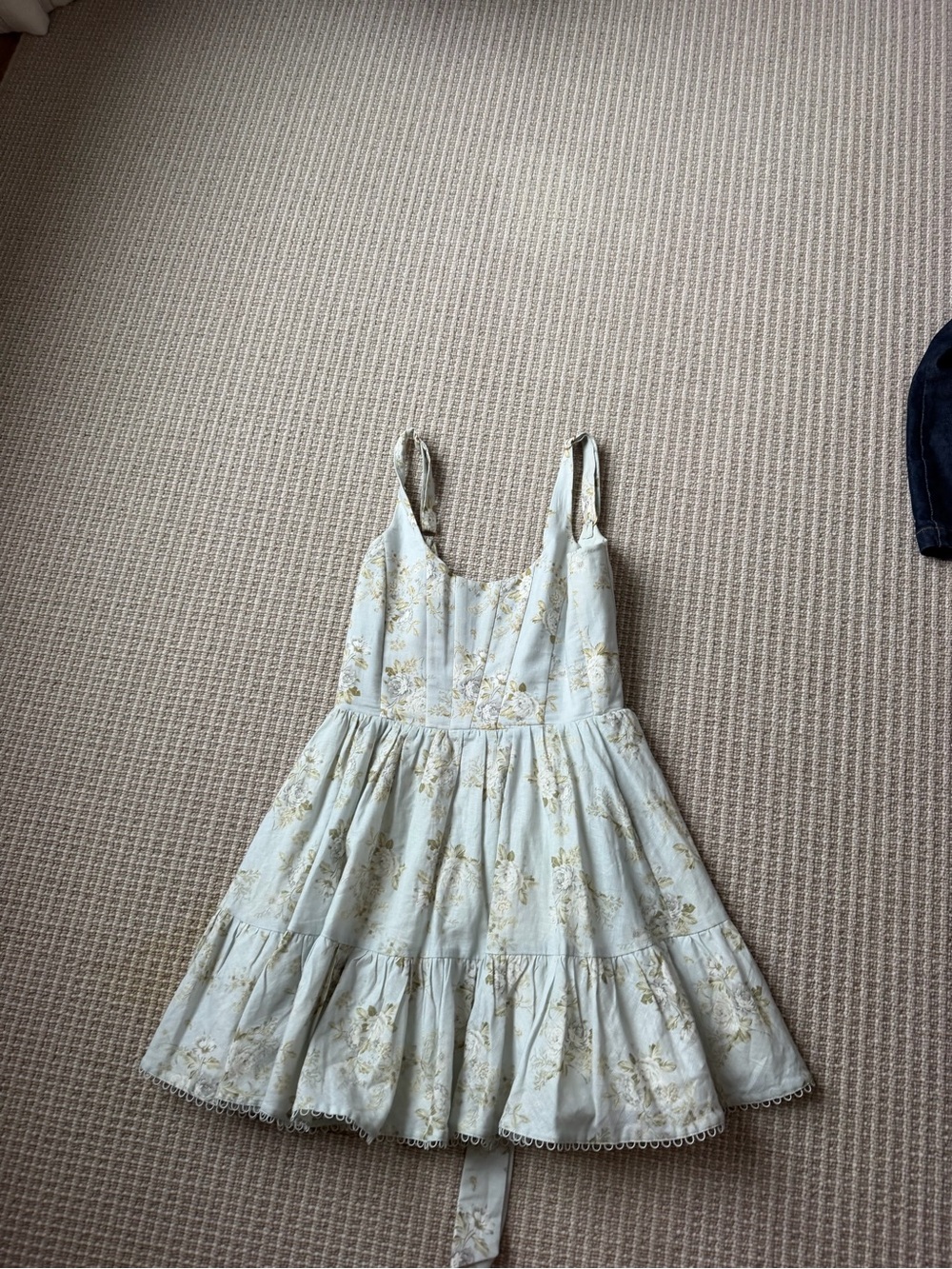 V. Chapman Pale Blue Mini Dress with Gold Floral Accents - Picture 3 of 4